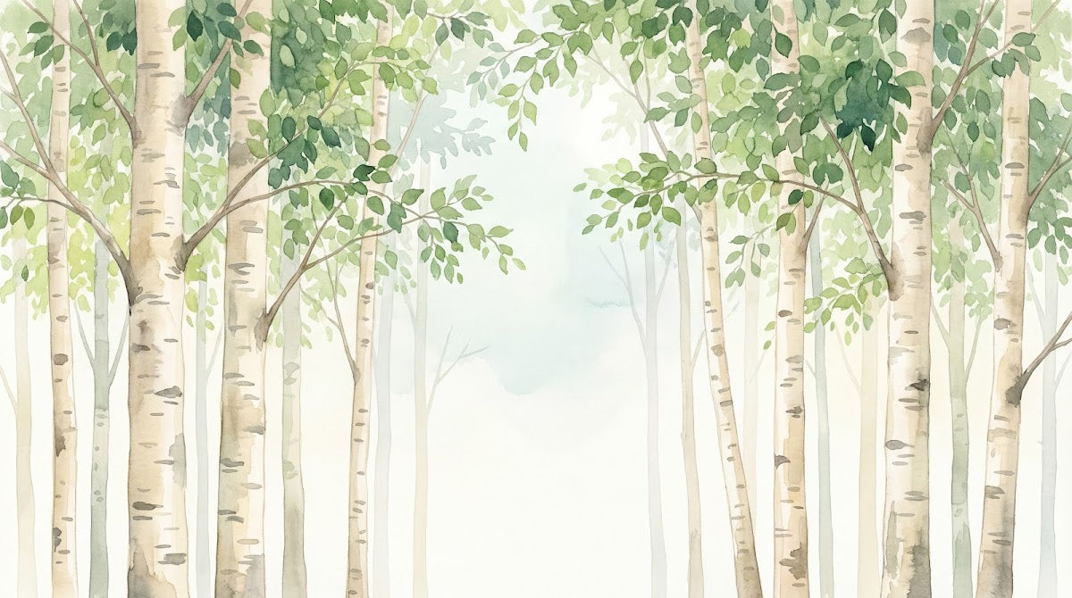 Papier peint panoramique forêt - Bouleaux troncs élancés feuillage délicat tons beige crème et vert tendre sur mesure - Design