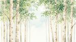 Papier peint panoramique forêt - Bouleaux troncs élancés feuillage délicat tons beige crème et vert tendre sur mesure - Design