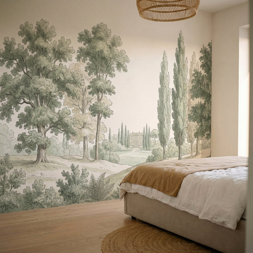 papier peint panoramique foret chenes majestueux cypres elances chateau neoclass-1