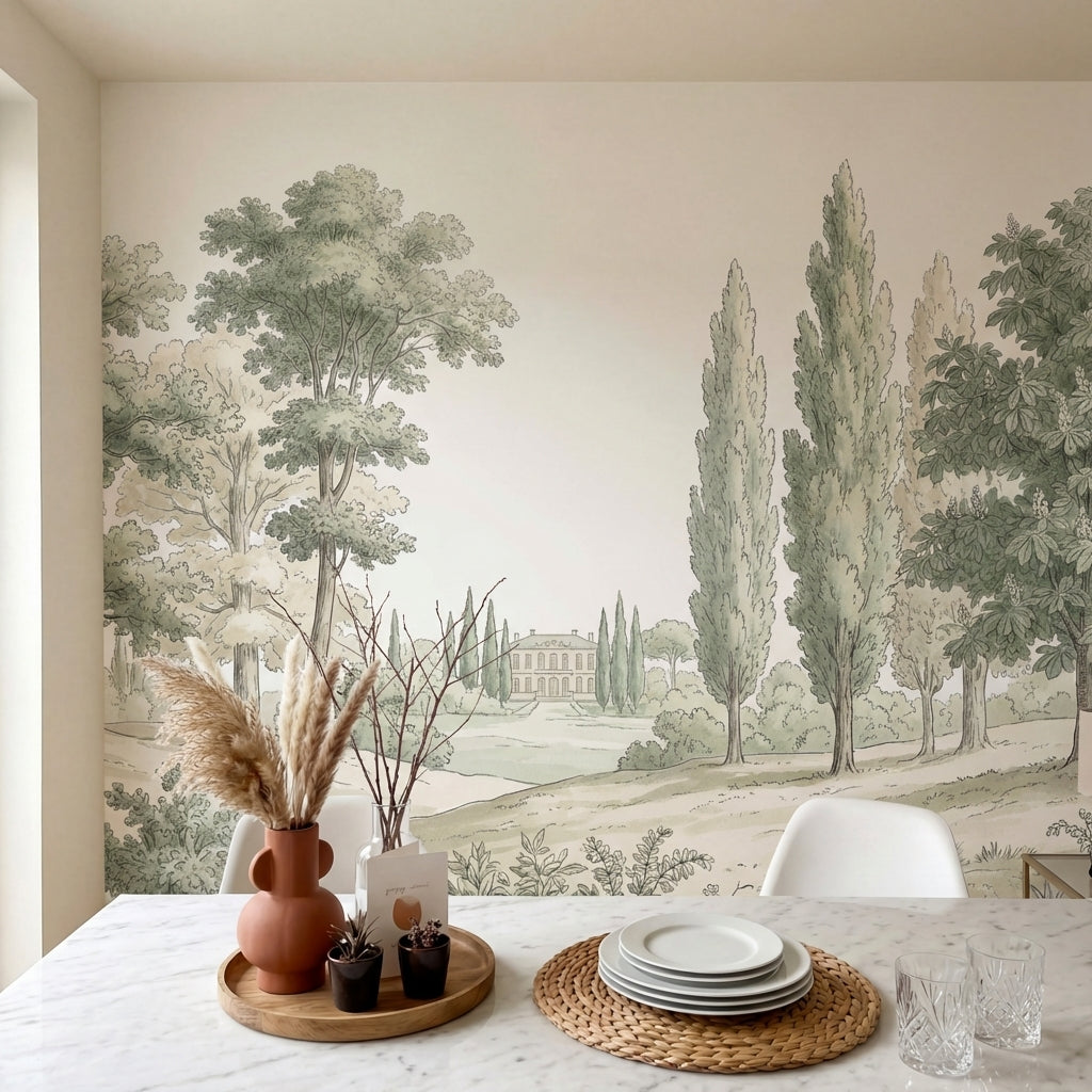 papier peint panoramique foret chenes majestueux cypres elances chateau neoclass-6
