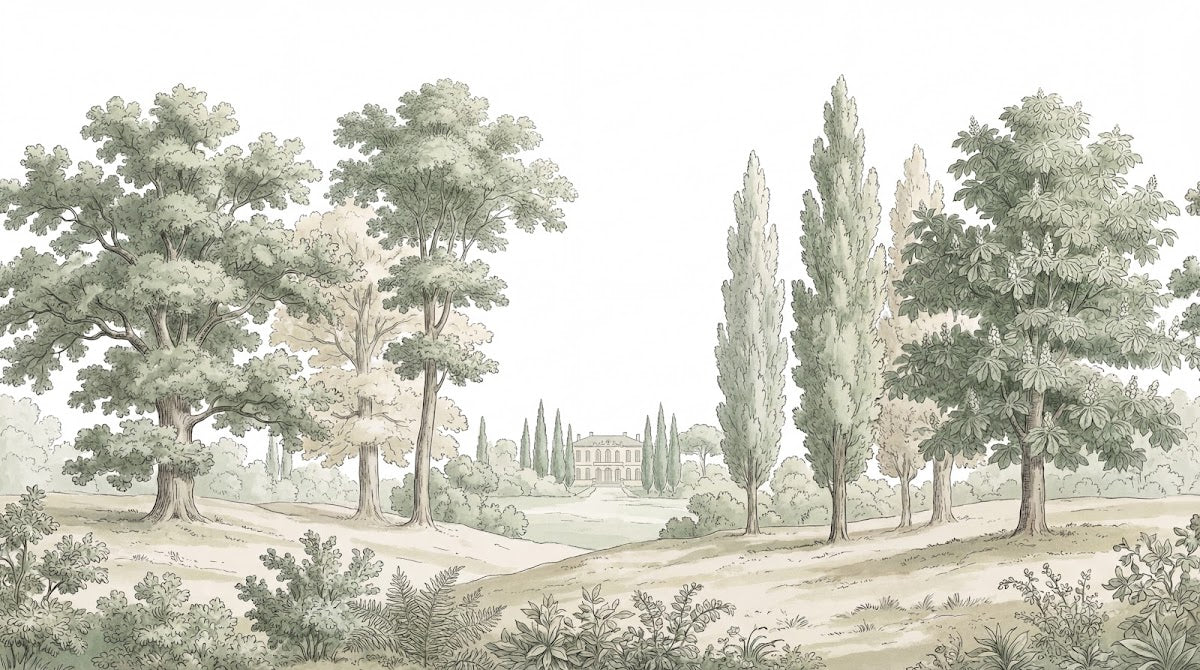Papier peint panoramique forêt - Chênes majestueux cyprès élancés château néoclassique tons vert sauge et beige sur mesure - Design