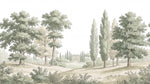 Papier peint panoramique forêt - Chênes majestueux cyprès élancés château néoclassique tons vert sauge et beige sur mesure - Design