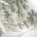 Papier peint panoramique forêt - Chênes majestueux cyprès élancés château néoclassique tons vert sauge et beige sur mesure - Matière