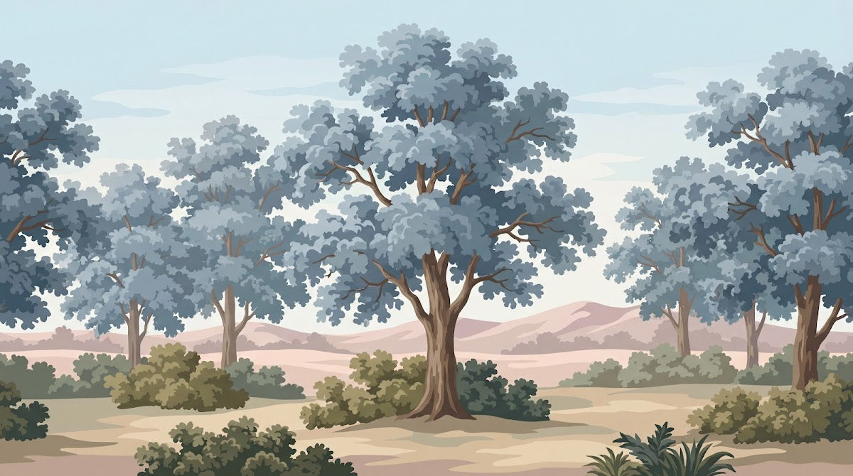 Papier peint panoramique forêt - Chênes majestueux paysage champêtre collines lointaines tons beige et gris sur mesure - Design