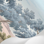 Papier peint panoramique forêt - Chênes majestueux paysage champêtre collines lointaines tons beige et gris sur mesure - Matière