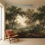 papier peint panoramique foret chenes majestueux sentier campagne brume doree to-2