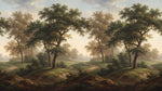 Papier peint panoramique forêt - Chênes majestueux sentier campagne brume dorée tons vert olive et beige sur mesure - Design