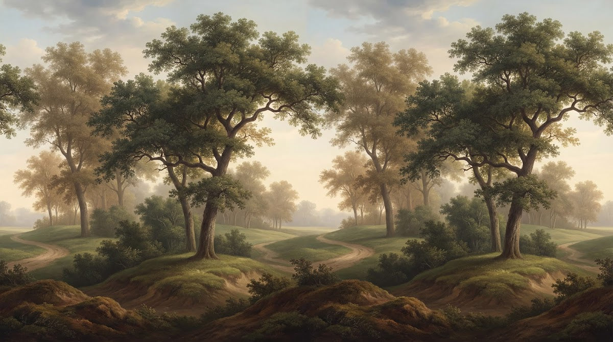 Papier peint panoramique forêt - Chênes majestueux sentier campagne brume dorée tons vert olive et beige sur mesure - Design