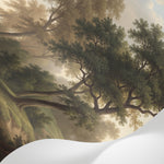 Papier peint panoramique forêt - Chênes majestueux sentier campagne brume dorée tons vert olive et beige sur mesure - Matière