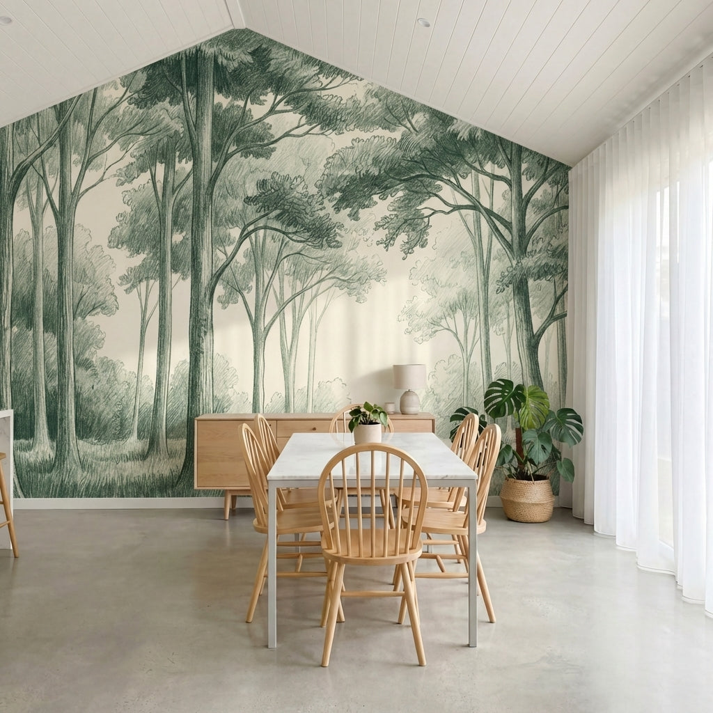 papier peint panoramique foret clairiere arbres feuillus verdoyants fond beige c-10