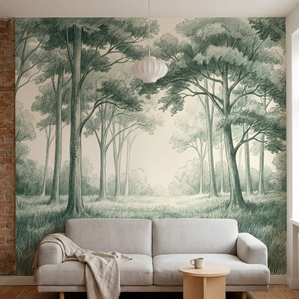 papier peint panoramique foret clairiere arbres feuillus verdoyants fond beige c-2