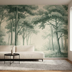 papier peint panoramique foret clairiere arbres feuillus verdoyants fond beige c-4