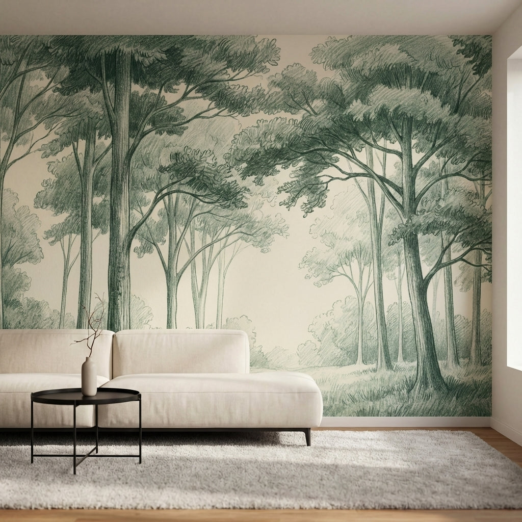 papier peint panoramique foret clairiere arbres feuillus verdoyants fond beige c-4