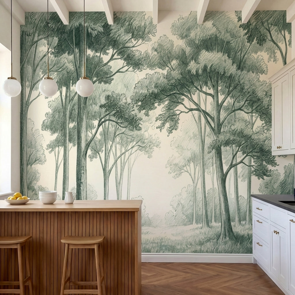 papier peint panoramique foret clairiere arbres feuillus verdoyants fond beige c-5