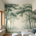 papier peint panoramique foret clairiere arbres feuillus verdoyants fond beige c-HERO-10