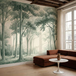 papier peint panoramique foret clairiere arbres feuillus verdoyants fond beige c-HERO-6
