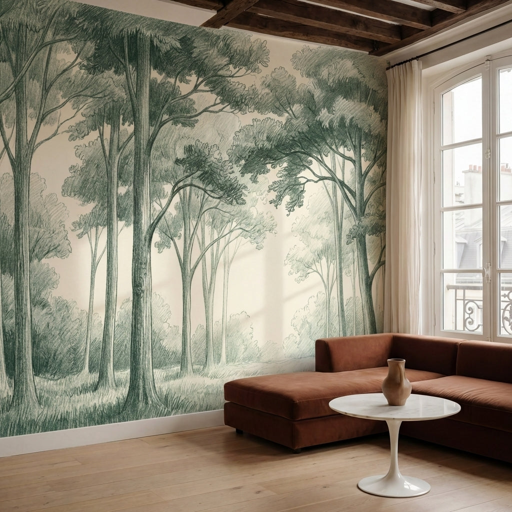 papier peint panoramique foret clairiere arbres feuillus verdoyants fond beige c-HERO-6