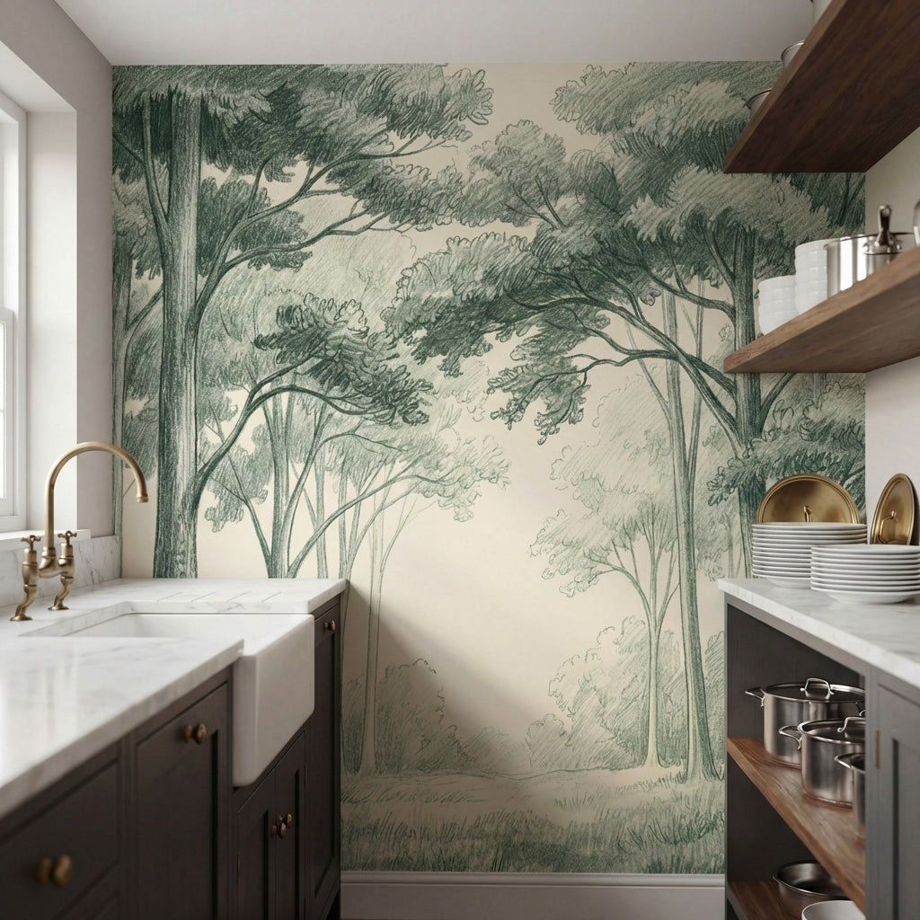 papier peint panoramique foret clairiere arbres feuillus verdoyants fond beige c-HERO-8
