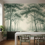 papier peint panoramique foret clairiere arbres feuillus verdoyants fond beige c-HERO-9