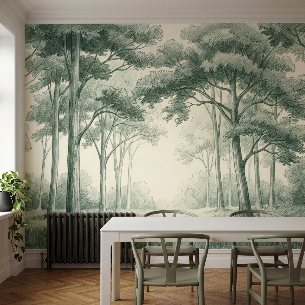 papier peint panoramique foret clairiere arbres feuillus verdoyants fond beige c-HERO-9