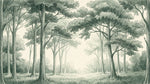 Papier peint panoramique forêt - Clairière arbres feuillus verdoyants fond beige champagne sur mesure - Design