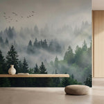 papier peint panoramique foret coniferes brumeux oiseaux migrateurs atmosphere v-1