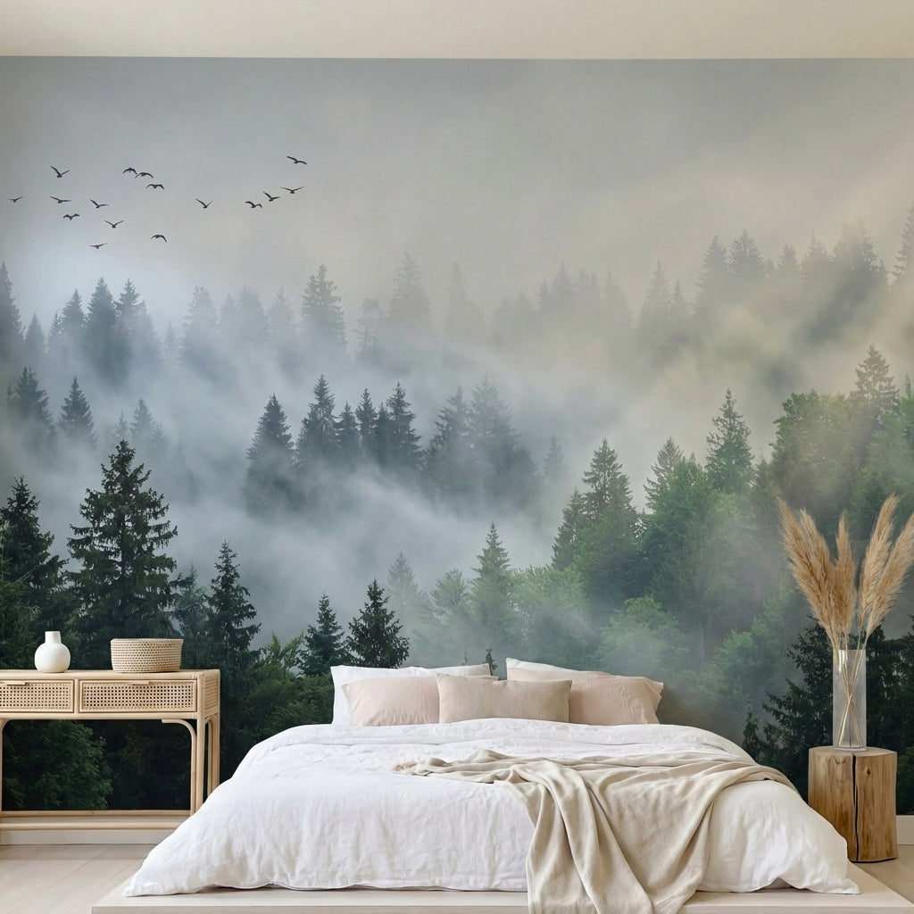 papier peint panoramique foret coniferes brumeux oiseaux migrateurs atmosphere v-2