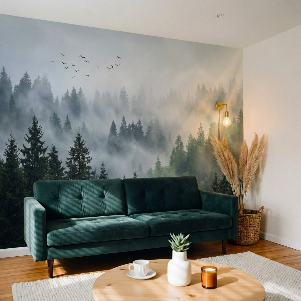 papier peint panoramique foret coniferes brumeux oiseaux migrateurs atmosphere v-6