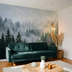 papier peint panoramique foret coniferes brumeux oiseaux migrateurs atmosphere v-6