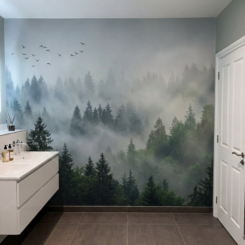 papier peint panoramique foret coniferes brumeux oiseaux migrateurs atmosphere v-7