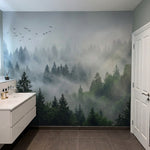 papier peint panoramique foret coniferes brumeux oiseaux migrateurs atmosphere v-7