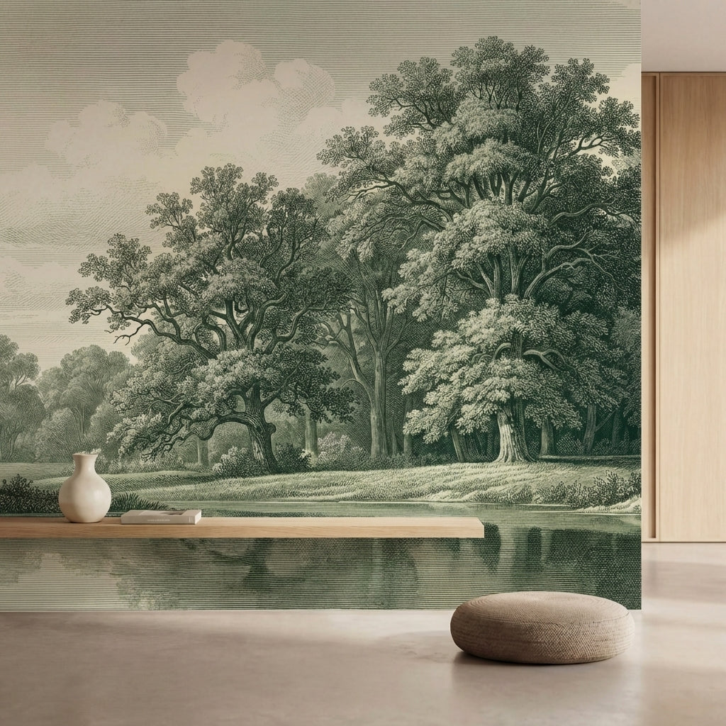 papier peint panoramique foret grands chenes riviere paysage bucolique gravure f-4