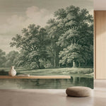papier peint panoramique foret grands chenes riviere paysage bucolique gravure f-4