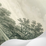 Papier peint panoramique forêt - Grands chênes rivière paysage bucolique gravure fond beige sépia sur mesure - Matière