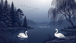 Papier peint panoramique forêt - Lac cygnes saules pleureurs sapins brume matinale tons bleu gris et blanc sur mesure - Design