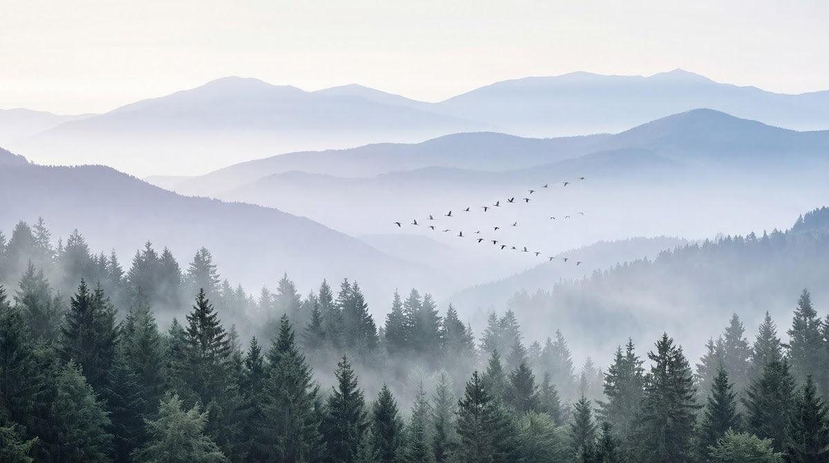 Papier peint panoramique forêt - Montagnes brumeuses conifères oiseaux migrateurs tons gris bleu et beige sur mesure - Design