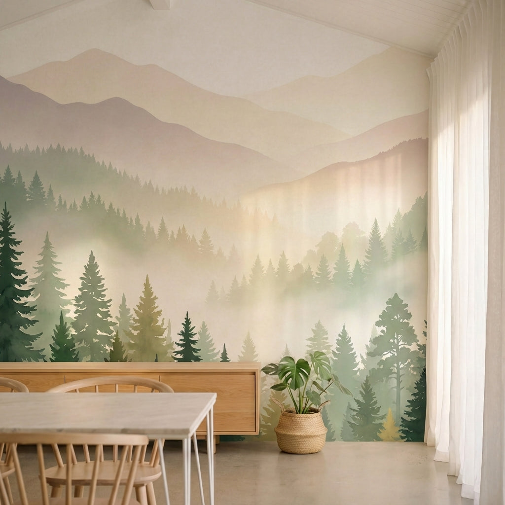 papier peint panoramique foret montagnes brumeuses coniferes superposes tons bei-1