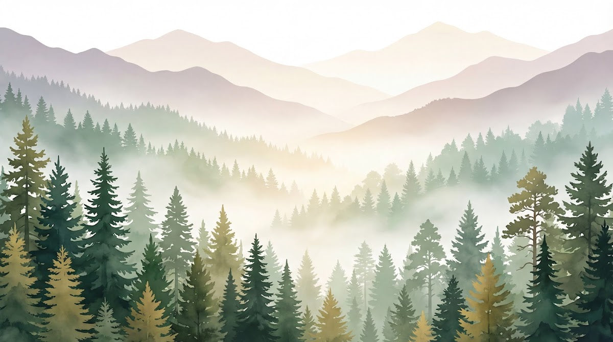 Papier peint panoramique forêt - Montagnes brumeuses conifères superposés tons beige crème et vert sauge sur mesure - Design