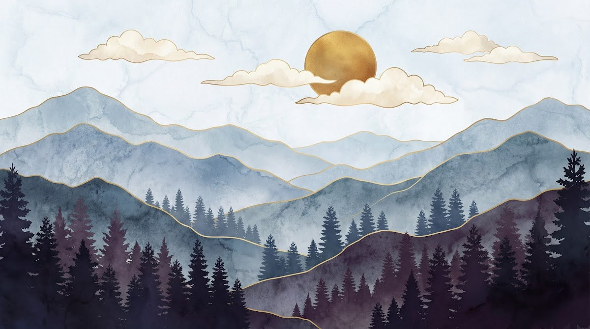 Papier peint panoramique forêt - Montagnes brumeuses sapins vallonnés soleil doré tons bleu gris et beige sur mesure - Design
