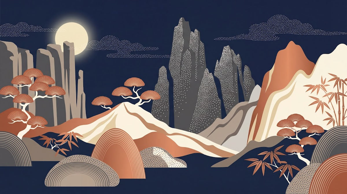Papier peint panoramique forêt - Montagnes rocheuses pins sapins lune pleine arbres stylisés tons bleu nuit et corail sur mesure - Design
