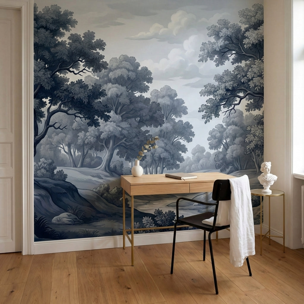 papier peint panoramique foret noir et blanc arbres majestueux sentier sinueux p-6