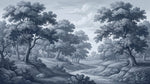 Papier peint panoramique forêt - Arbres majestueux sentier sinueux paysage romantique tons gris bleu sur mesure - Design