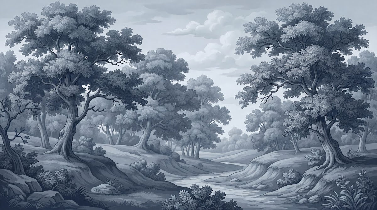 Papier peint panoramique forêt - Arbres majestueux sentier sinueux paysage romantique tons gris bleu sur mesure - Design