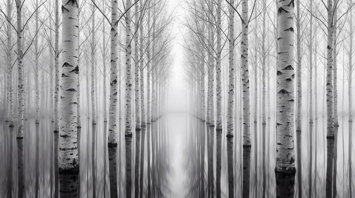Papier peint panoramique forêt - Bouleaux alignés reflets eau brume matinale tons gris sur mesure - Design