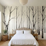 papier peint panoramique foret noir et blanc bouleaux troncs elances branches de-1