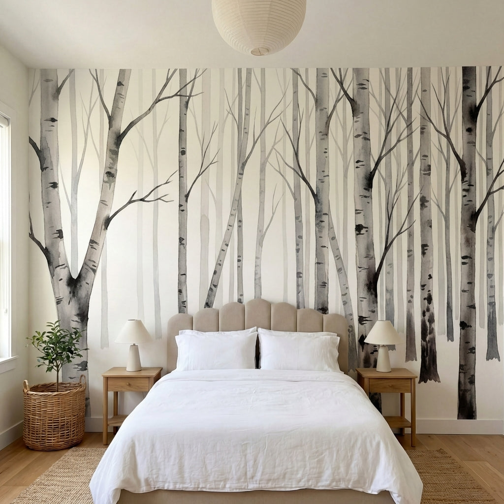 papier peint panoramique foret noir et blanc bouleaux troncs elances branches de-1