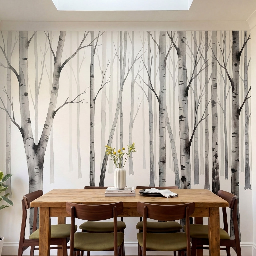 papier peint panoramique foret noir et blanc bouleaux troncs elances branches de-1