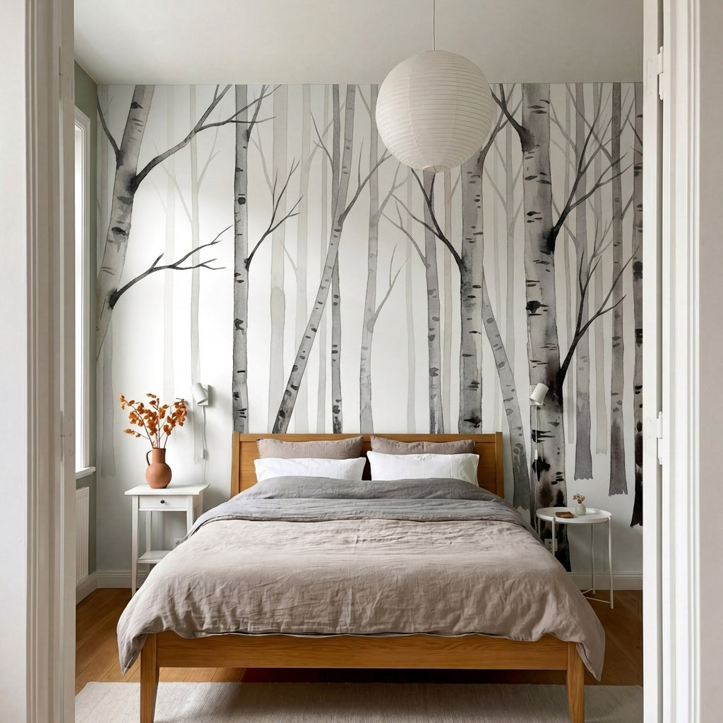 papier peint panoramique foret noir et blanc bouleaux troncs elances branches de-6