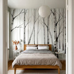 papier peint panoramique foret noir et blanc bouleaux troncs elances branches de-6