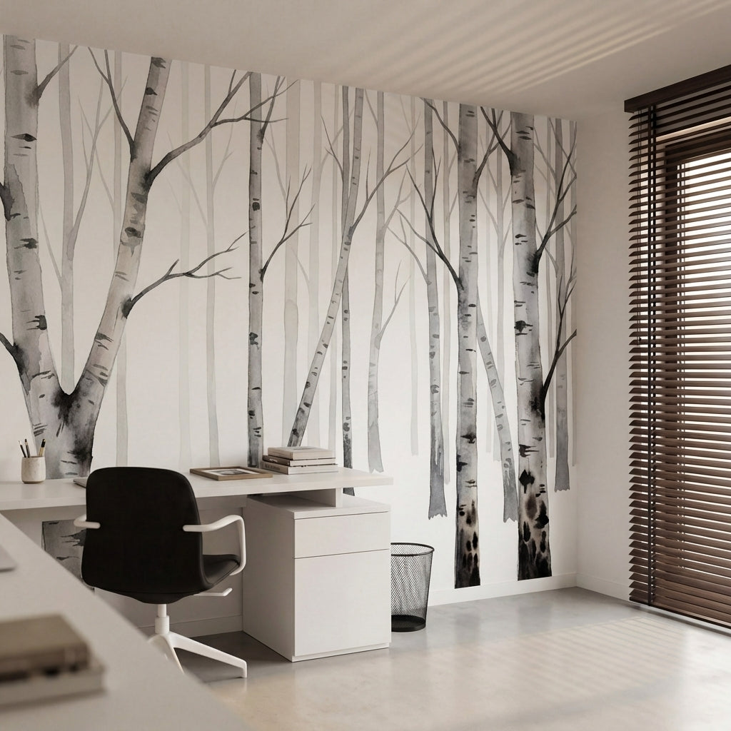 papier peint panoramique foret noir et blanc bouleaux troncs elances branches de-VARIANTE-15
